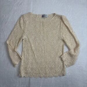 Prophecy Ivory Open Knit Long Sleeve Round Neck Summer Crochet Top Womens Medium